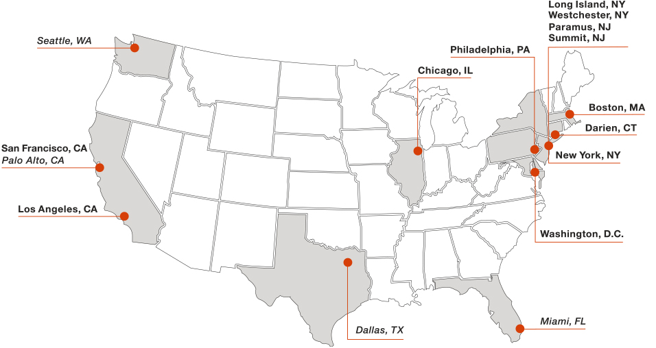 Orange dots on a gray map of the contiguous United States indicate locations where 2026 Cycle for Survival rides will be held, in Seattle; San Francisco; Palo Alto, California; Los Angeles; Dallas; Chicago; Miami; Philadelphia; Washington, DC; Darien, Connecticut; Boston; New York City; Long Island, New York; Westchester, New York; Paramus, New Jersey; and Summit, New Jersey.